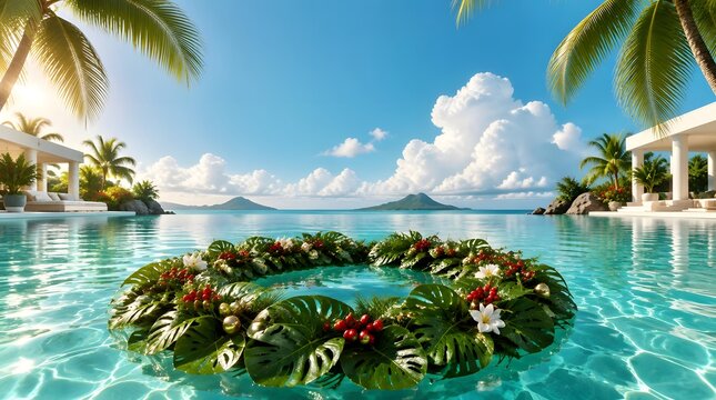 Tropical Resort Pool Scene With Floral Ring Accent.  suitable for christmas.	