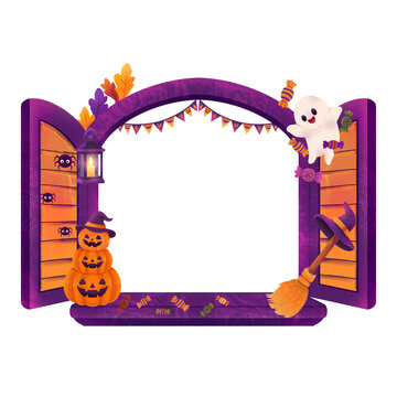 Cute halloween window frame border with ghost pumpkin stack and witch broom