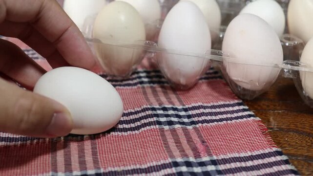 烏骨鶏の白い卵が1個。チェック柄マット上。