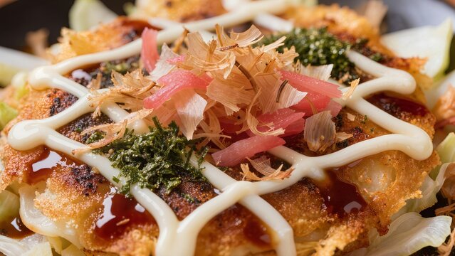 Japanese Okonomiyaki pancake with savory sauce and mayonnaise lines