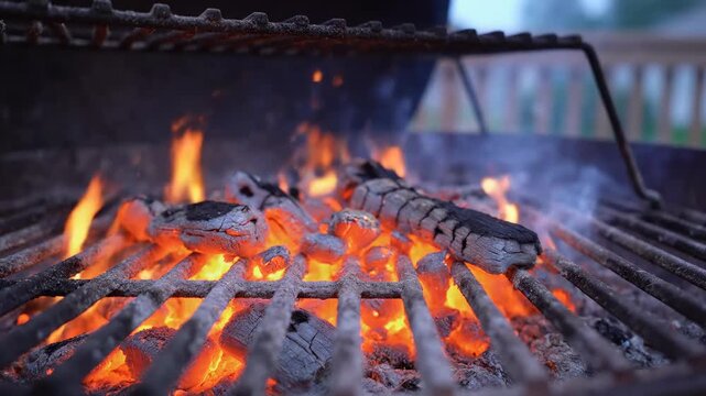 Charcoal flames ignite and burn brightly within a metal grill grate fire barbecue cooking outdoor ember heat ignition