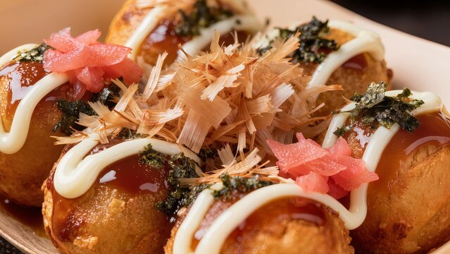 Japanese Takoyaki octopus balls with bonito flakes and mayonnaise dressing