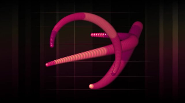 Magenta abstract 3D motion graphics, futuristic digital animation with curved pink tubes, dark tech grid background for video production