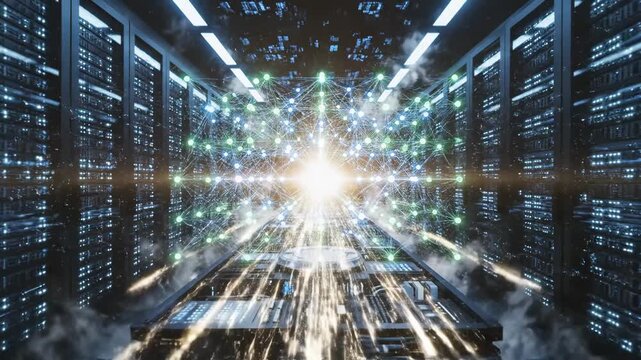 Digital data streams converge and radiate from a central point within a server room dataflow datastreams digitalization network