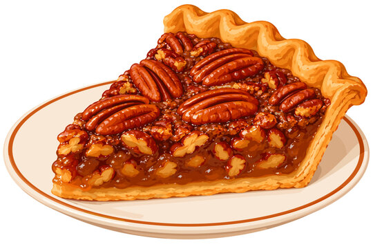 Slice of pecan pie on a plate with a simple design