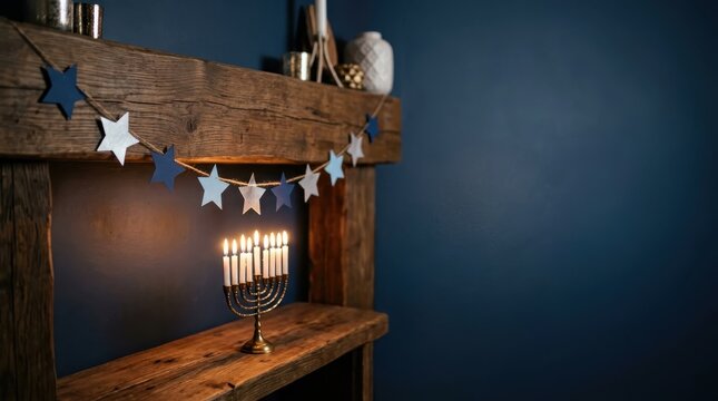 Hanukkah menorah with lit candles on a rustic wooden mantelpiece decorated with paper stars and a dark blue wall background