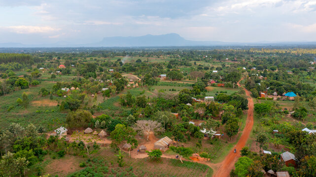Aerial view of the rural landscape of Bungokho, featuring scattered traditional huts, lush green vegetation, and a dirt road winding through the countryside in Bungokho, Eastern Region, Uganda.