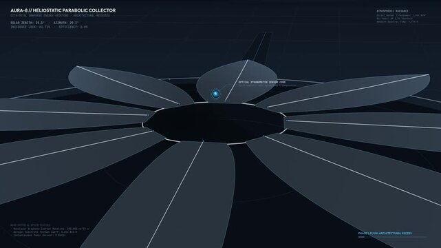 3D animation of a heliostatic parabolic collector with petal graphene energy aperture tracking the sun, featuring optical parameter sensor core and triple stage hydraulic mast