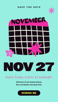 Black Friday Sales Promo Stories / Mint Save the Date Story with November Calendar, Big Date Type and Remind Me Button for Sale Launch Reminders and Event Teasers / Vertical / Part 03