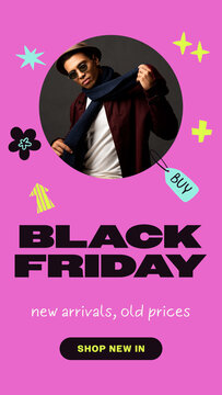 Black Friday Sales Promo Stories / Orchid Fashion Sale Story with Round Photo Placeholder, Buy Tag and Sparkles for New Arrival Promos and Clothing Brand Ads / Vertical / Part 10
