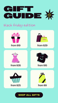 Black Friday Sales Promo Stories / Mint Gift Guide Story with Six Product Cards, Starting Prices and Shop All Button for Holiday Gift Ideas and Catalog Highlights / Vertical / Part 07