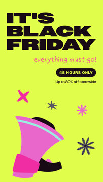 Black Friday Sales Promo Stories / Lime Clearance Sale Story with Megaphone, Doodle Stars and Bold Headline for Everything Must Go Offers and Two Day Sales / Vertical / Part 09