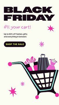 Black Friday Sales Promo Stories / Cream Sale Story with Overflowing Shopping Cart, Handwritten Accent and Pink Stars for Online Shopping Promos and Fashion Gifts / Vertical / Part 02
