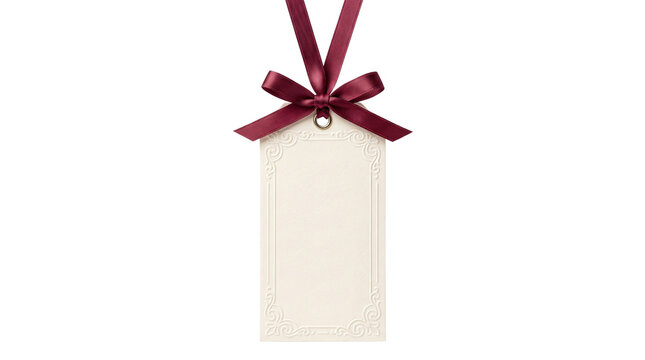 Blank cream gift tag with burgundy ribbon bow isolated on transparent background png