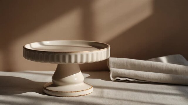 Empty Ceramic Cake Stand on Rustic Bakery Counter with Plain Linen Cloth and Soft Window Light, Full HD Minimalist Scene