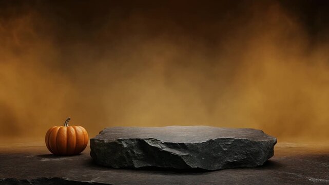 Empty Dark Stone Display Platform with Small Uncarved Pumpkin and Moody Smoky Background for Autumn and Halloween Product Showcase, Full HD Looping Footage.