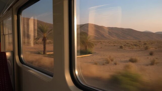View from a Passenger Train Window of Date Palms and a Small Oasis in a Vast Desert Landscape with Dry Hills Beyond, Cinematic Travel Footage in Full HD
