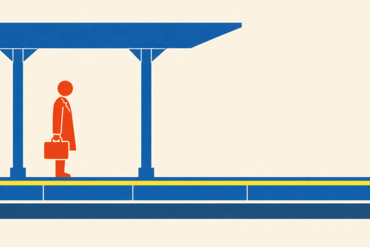 Two color flat illustration of a faceless pictogram commuter with a briefcase waiting on a train station platform behind the yellow safety line