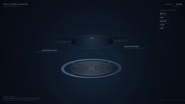 3D animation of an automotive wireless power induction pad demonstrating charging phases including positioning elevation thermal shroud expansion chassis contour alignment and power transfer with HUD