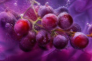 Fototapeta premium Clusters of purple grapes covered in water droplets are suspended against a vibrant, swirling magenta background.