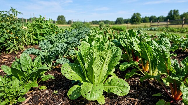 Organic vegetable garden with leafy greens and lettuce rows