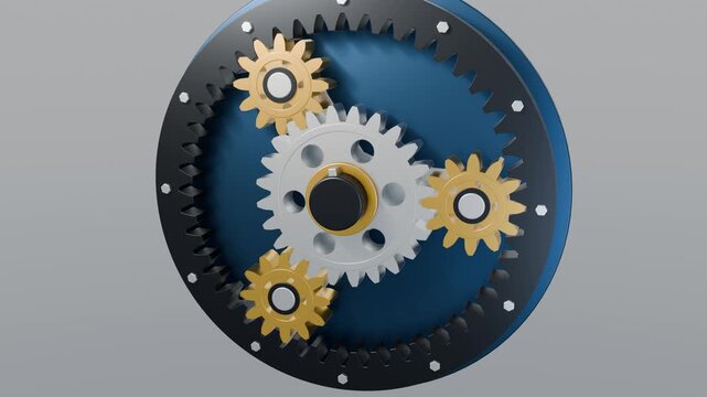 Planetary gear set turning, steel sun gear and three brass planet gears inside a ring gear, seamless loop