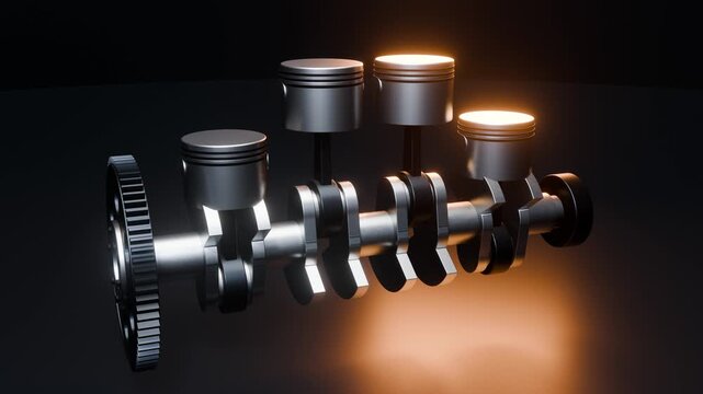 Crankshaft driving four pistons up and down, inline four engine internals on a dark background, loop