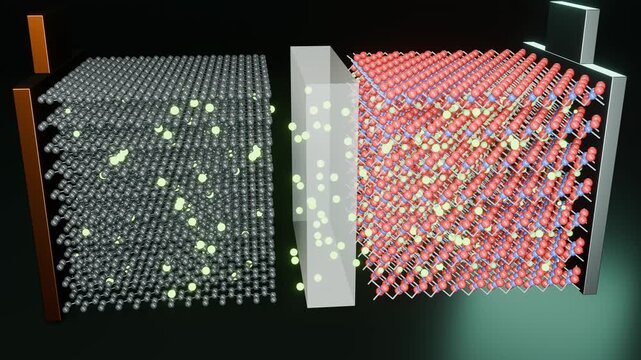 Lithium ions moving from the cathode into the graphite anode of a lithium ion battery cell, charging loop