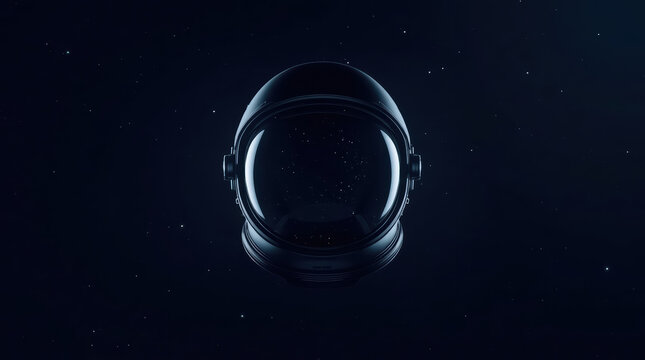 Minimal astronaut helmet floating against dark starry background with reflective visor