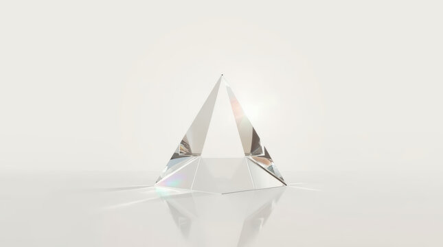 Transparent crystal prism with rainbow light reflection on white surface