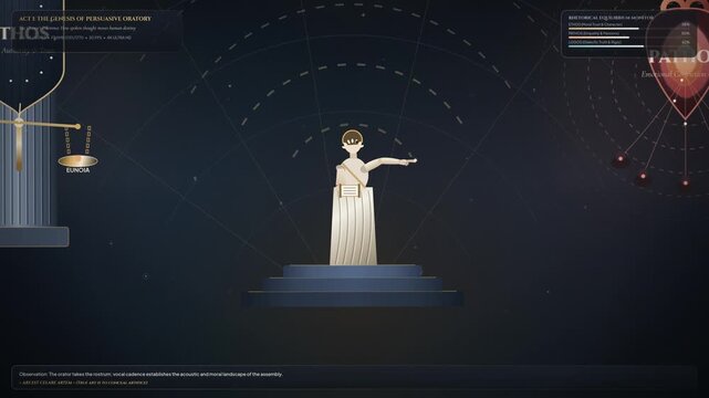 Animated infographic explaining the principles of Ars Rhetorica and the art of persuasion, detailing the concepts of Ethos, Pathos, and Logos in public speaking and communication