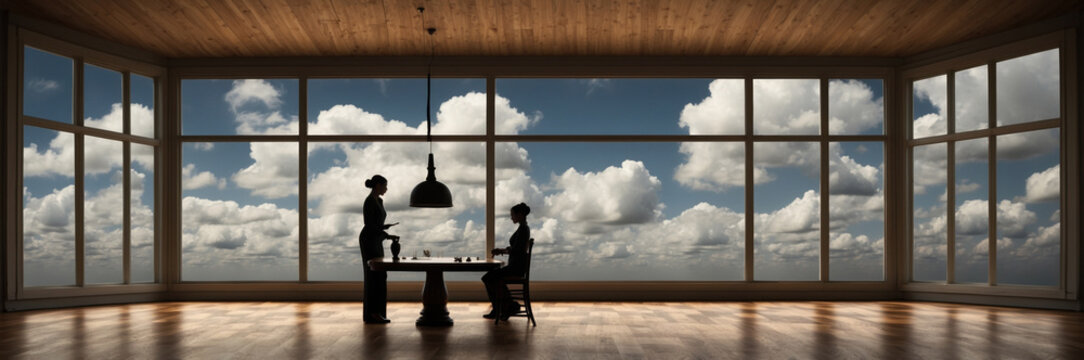 Silhouetted Women Having Meeting in Bright Room with Large Windows