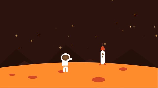 Minimalist Flat Illustration of a Cute Astronaut Standing on a Red Planet Surface Looking at Stars and a Rocket Ship in Deep Space, Science Fiction Concept Animation for Space Exploration