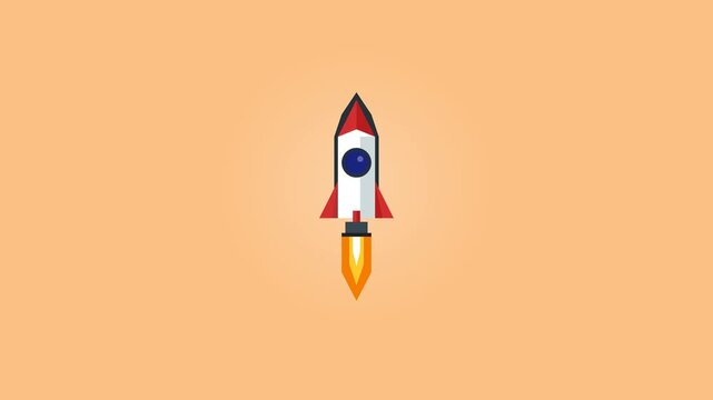 Modern flat vector illustration of a space rocket ship launching upwards with orange fire engine trail on a solid peach background, representing business startup, technological innovation and growth.
