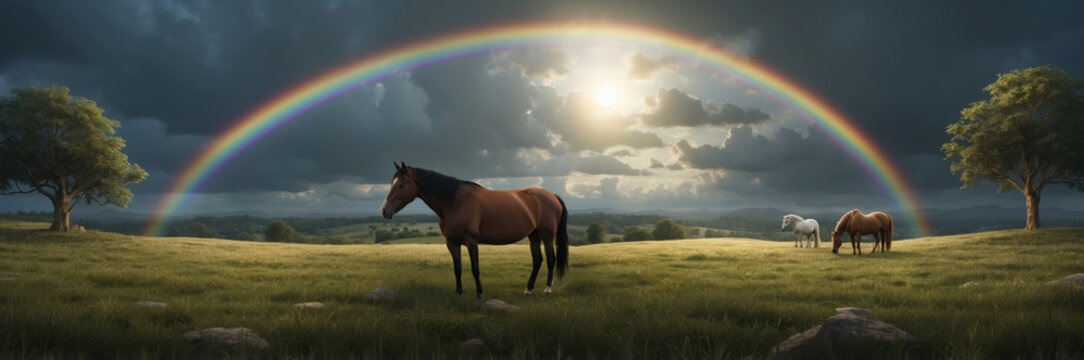 Horses grazing under a rainbow in a scenic meadow