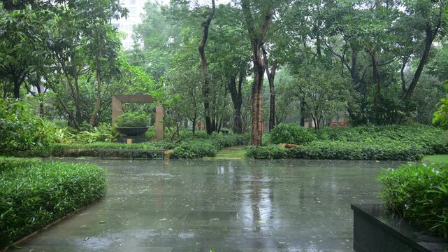 Heavy rain falls on wet stone pavement in residential garden video with sound