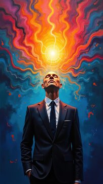 Businessman Experiencing Bright Abstract Energy Explosion