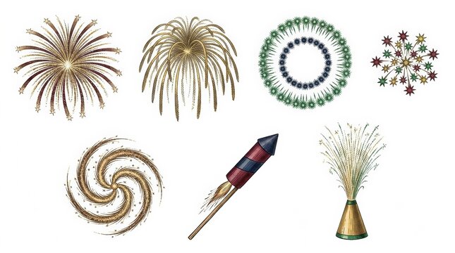 Collection of festive firework illustrations for celebration design projects with fireworks