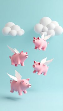 Flying Piggy Banks with White Wings and Clouds