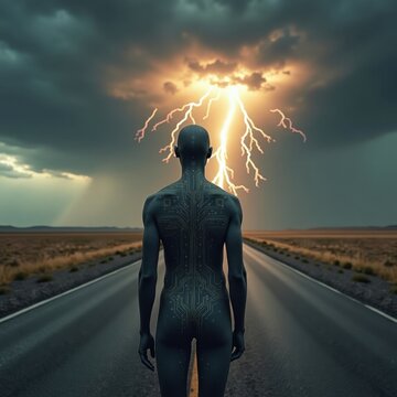 Futuristic humanoid with circuit body facing lightning storm on desert road