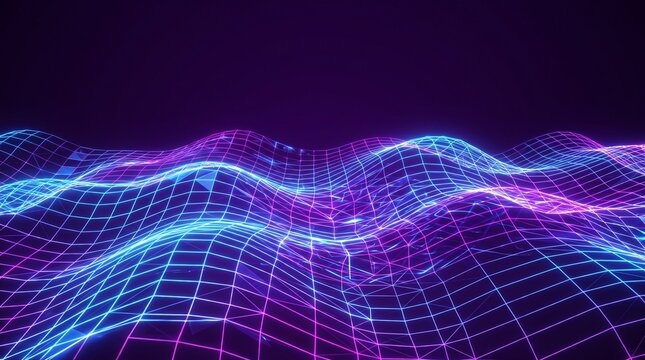 Neon wireframe waves abstract technology background