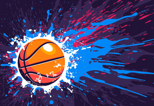 basketball with grungy colorful ink paint splatter graffiti poster art vector illustration