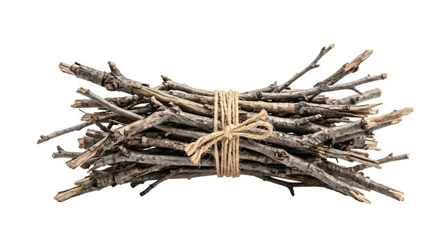 A bundle of dry twigs tied together with a twine rope