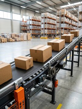 A detailed view of a heavy-duty industrial conveyor belt moving brown cardboard boxes within a vast, well-lit logistics and distribution warehouse, line, chain, steel