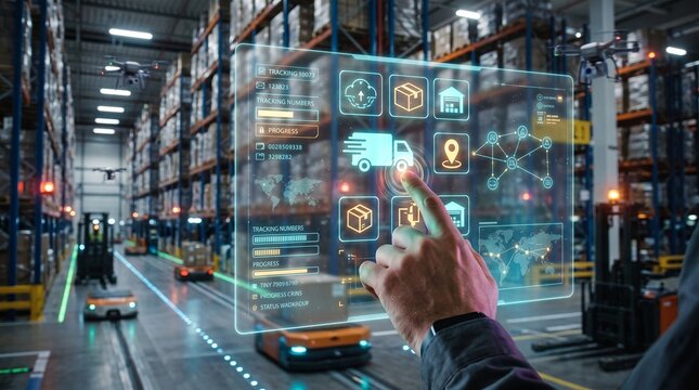 Smart logistics management with futuristic holographic interface and automated warehouse robots in a distribution center
