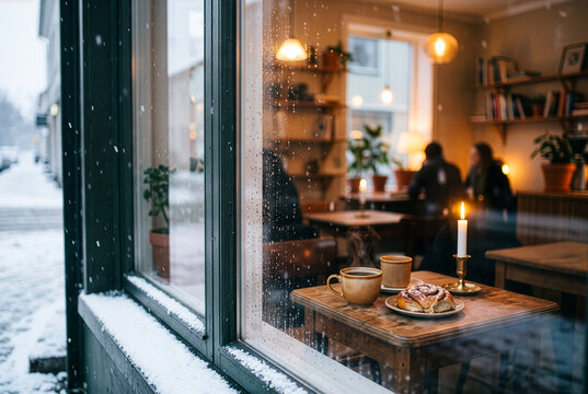 Cozy cafe window with candle and hot coffee on a snowy winter day