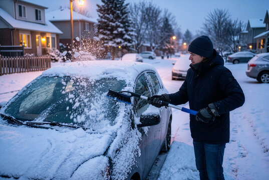 Man brushing snow off his car on a winter morning