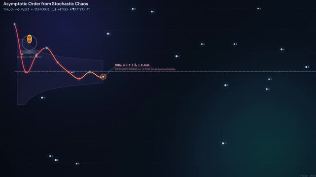 Educational animation demonstrating the Law of Large Numbers and the Central Limit Theorem with dynamic graphs and mathematical equations converging into a normal Gaussian distribution bell curve
