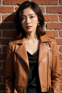 Beautiful young Japanese woman wears brown leather moto jacket, black cami top. Stylish brunette lady poses near red brick wall. Fashion model looks at camera with neutral expression. Trendy urban