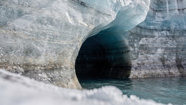 Glacier ice cave reveals a frozen tunnel above clear blue arctic waters with layered textures along the solid ice wall.